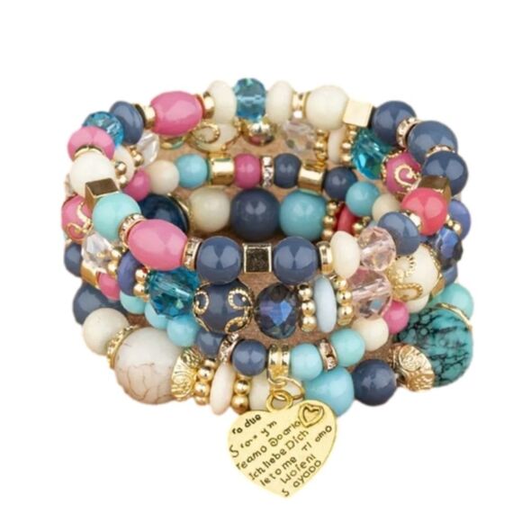 Pink and blue heart Charm bracelet Beaded accessory stone keepsake - Picture 1 of 5